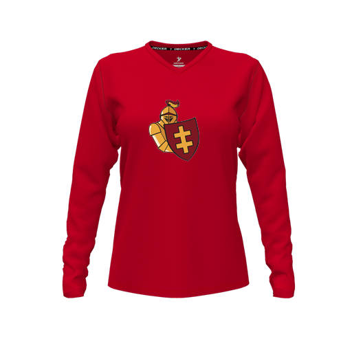 [FTLVCFRD-FYXS-LOGO2] Decker Comfort T-Shirt (Female Youth XS, Red, V Neck, Logo 2, Long Sleeve)